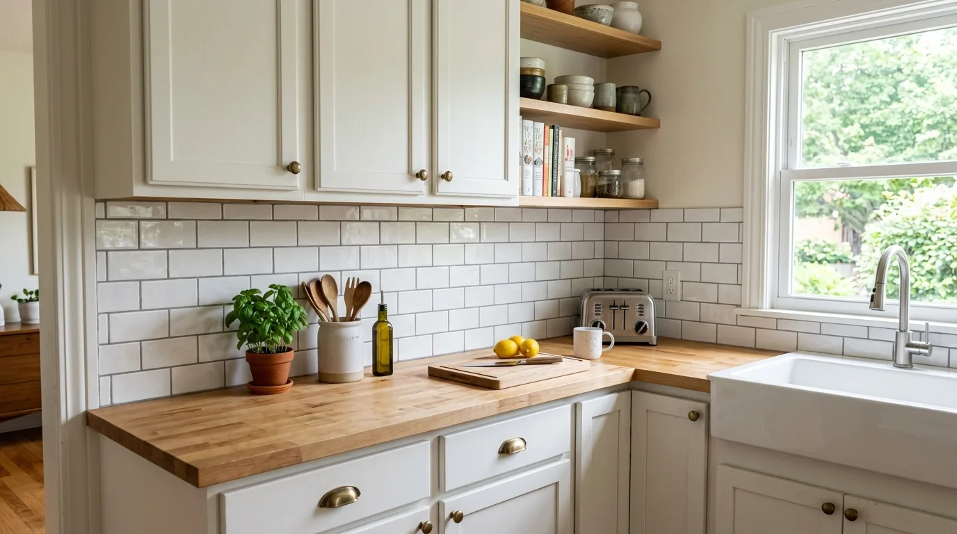 Budget subway tile backsplash in a small kitchen